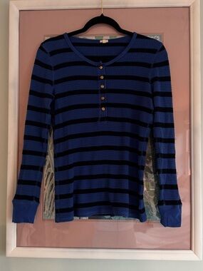 Blue and Black Striped Henley Long Sleeve Top